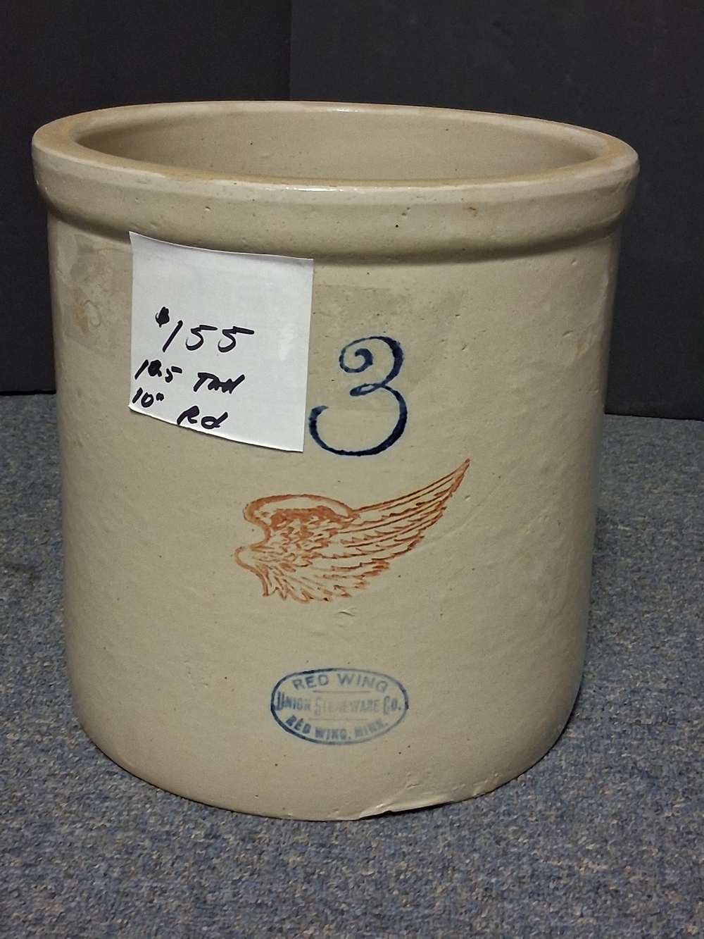 Red Wing Stoneware 3-Gallon Crock with Wing Motif - Beige
